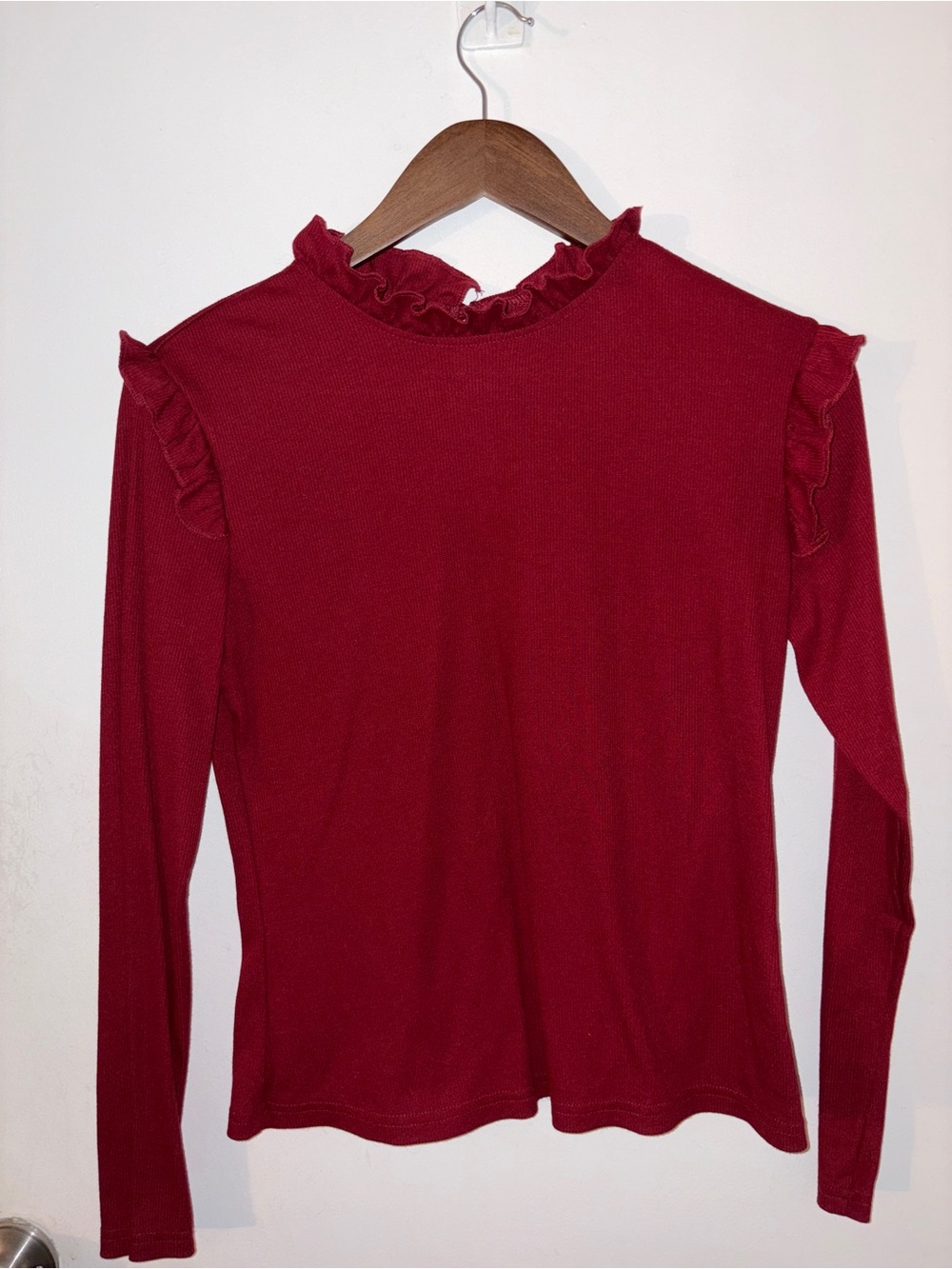 Ruffled Mock Neck Long-Sleeve Top - Red
